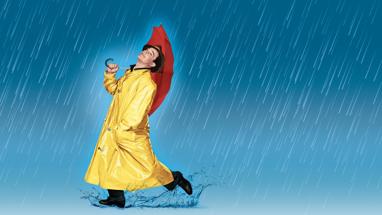 A man in a yellow raincoat dancing with a red umbrella in the rain, from the 1952 musical Singin' in the Rain